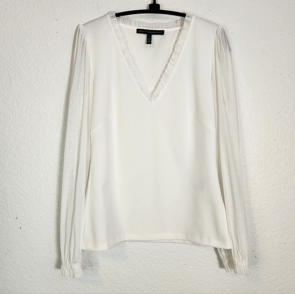 White House Bkack Market White V-Neck Blouse w/ Sheer Pleated Sleeves, Size S